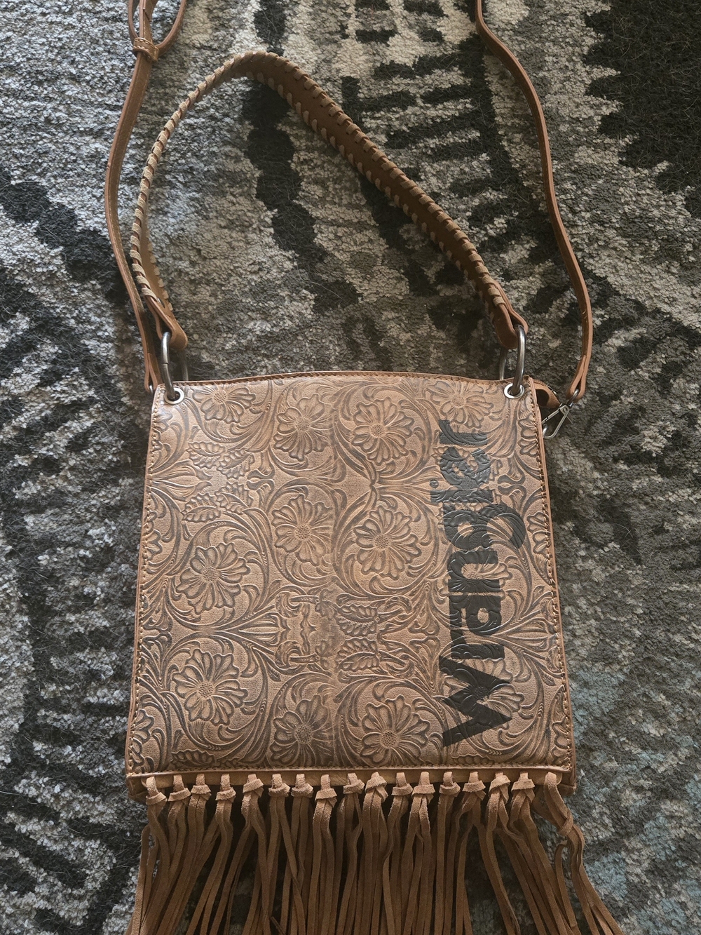 Wrangler Tooled Floral Fringe Crossbody in Tan